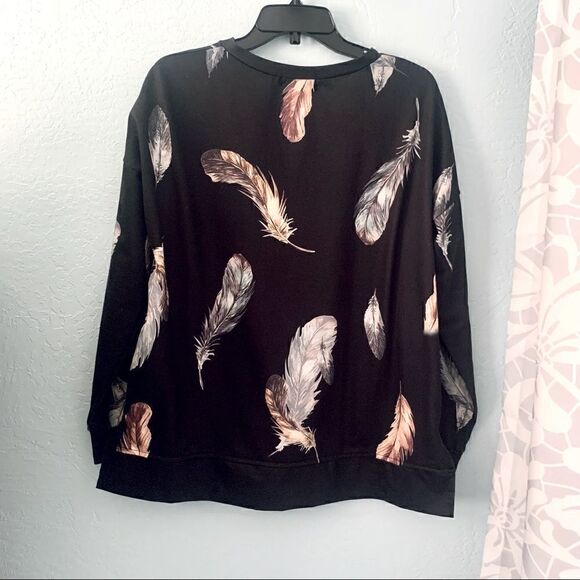 Sheilay Black Feather Print Pullover Sweatshirt Size Large - Picture 6 of 8